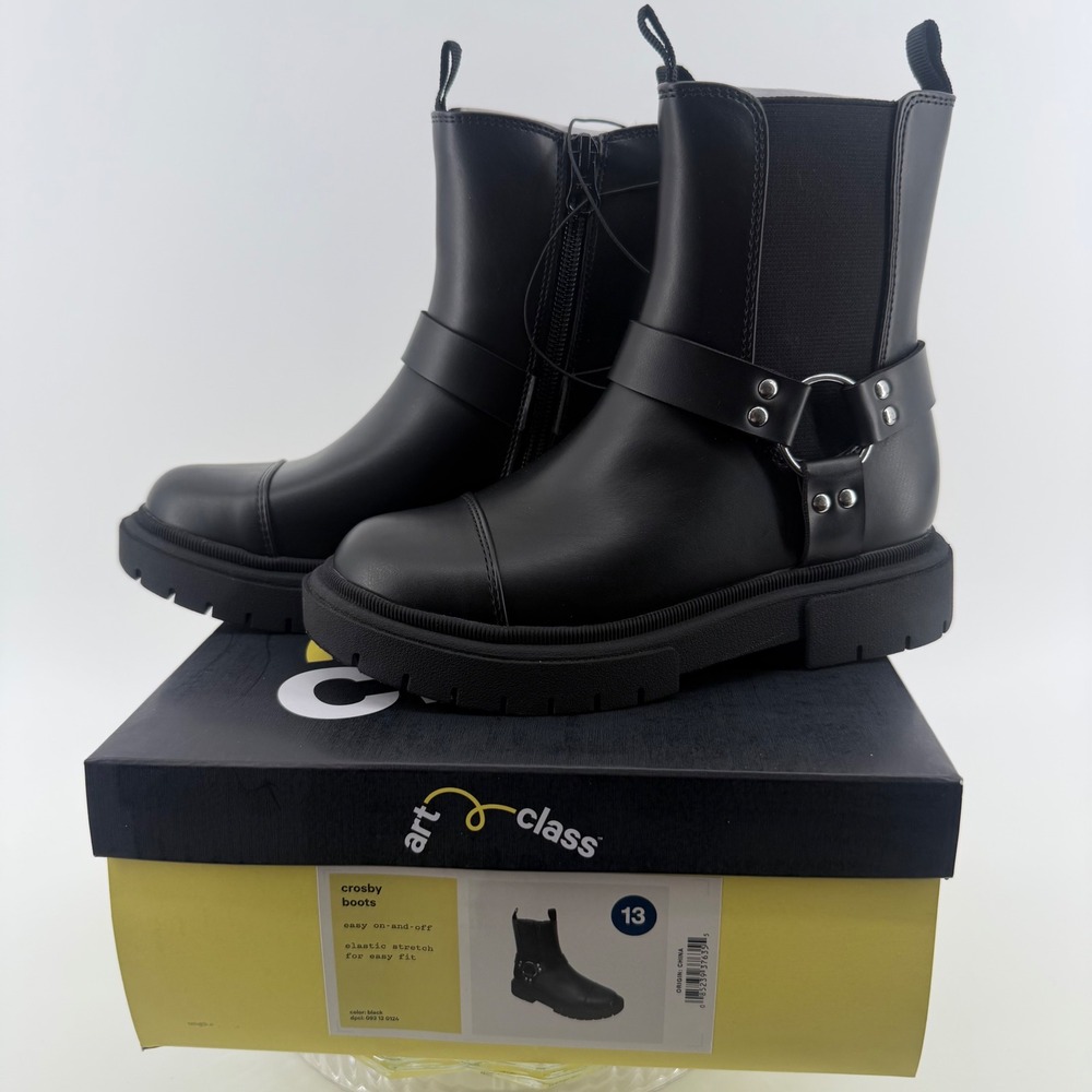 Art Class Crosby Black Moto Chelsea Boots Kids Size 13 Lug Sole Zipper Cap Toe